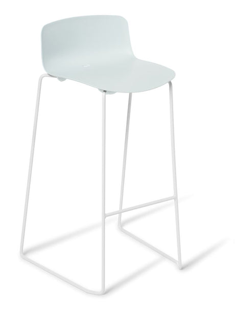 Light blue Coco bar stool with a matte finish, sturdy sled frame, and UV-stabilized shell, perfect for indoor or outdoor use.