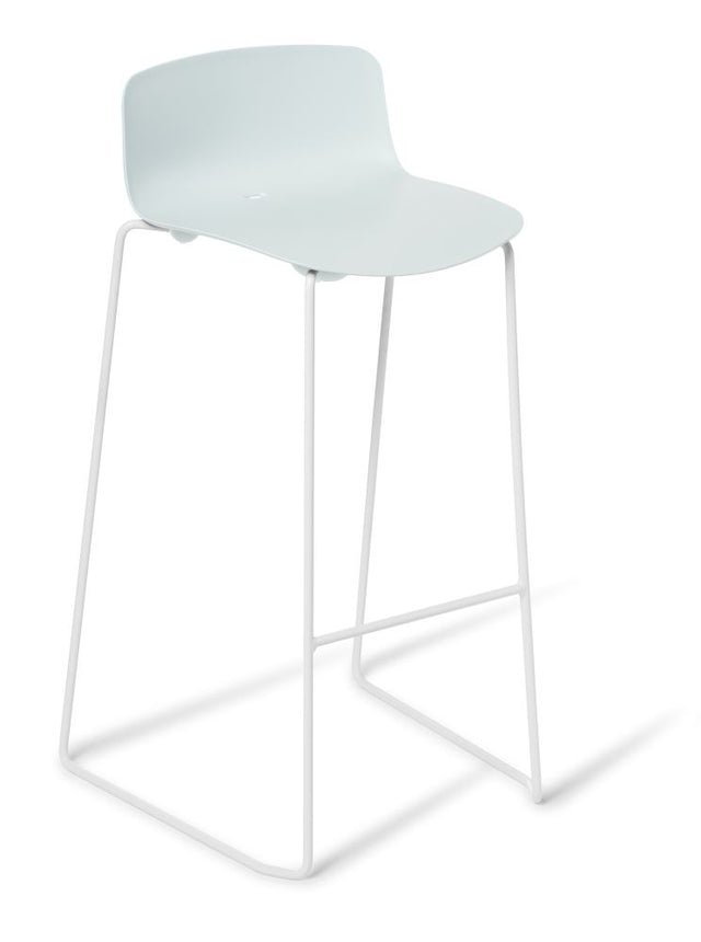 Light blue Coco bar stool with a matte finish, sturdy sled frame, and UV-stabilized shell, perfect for indoor or outdoor use.
