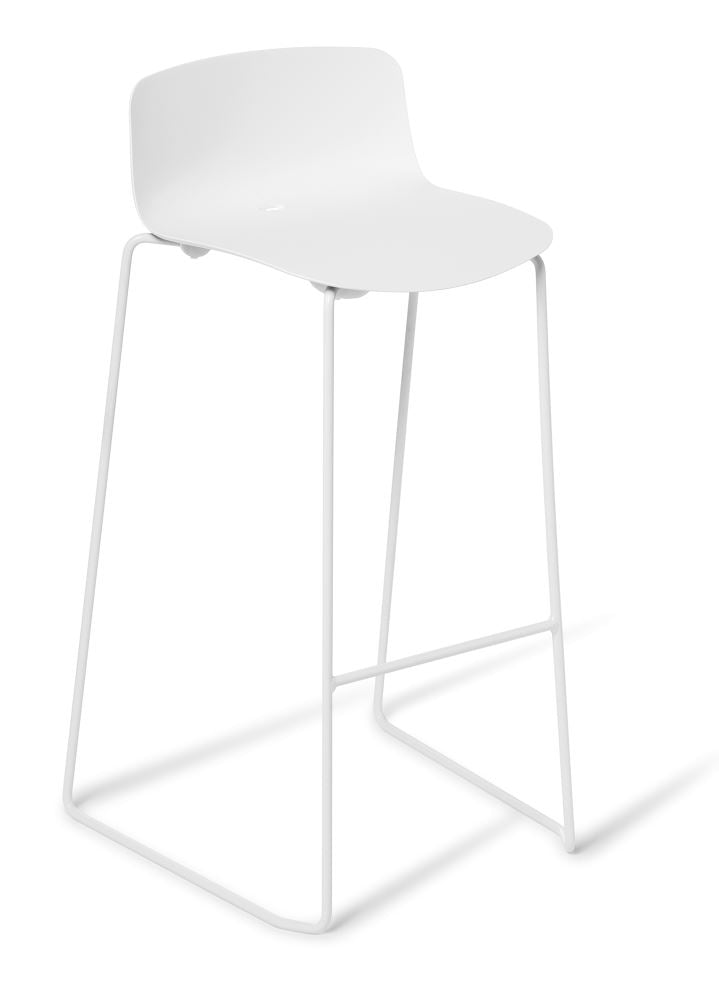 Stylish white bar stool with a sleek sled frame, suitable for indoor and outdoor use, stackable, and durable.