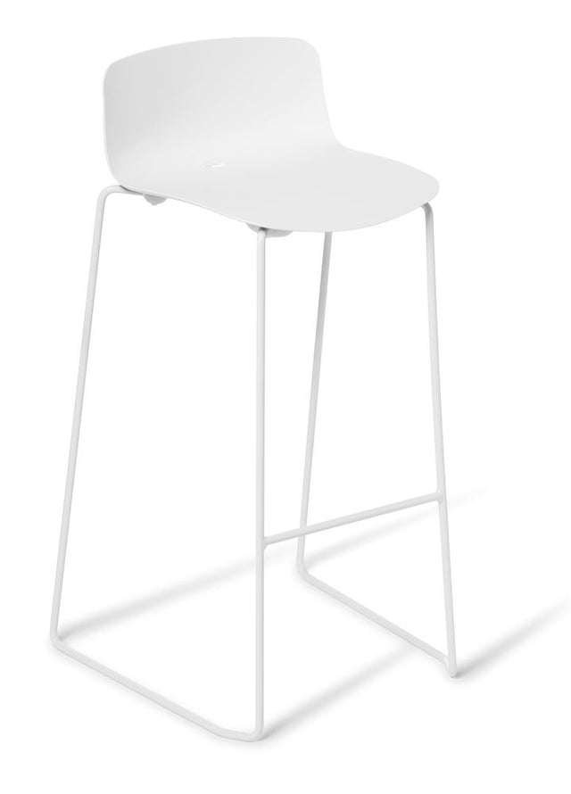 Stylish white bar stool with a sleek sled frame, suitable for indoor and outdoor use, stackable, and durable.