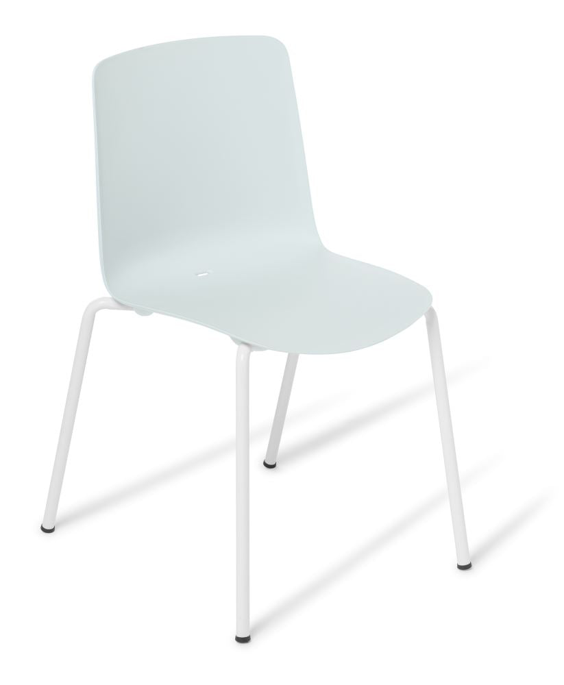 Light blue Cafe Coco Chair featuring a stackable design, UV-stabilized polypropylene, and modern aesthetics for indoor/outdoor use.