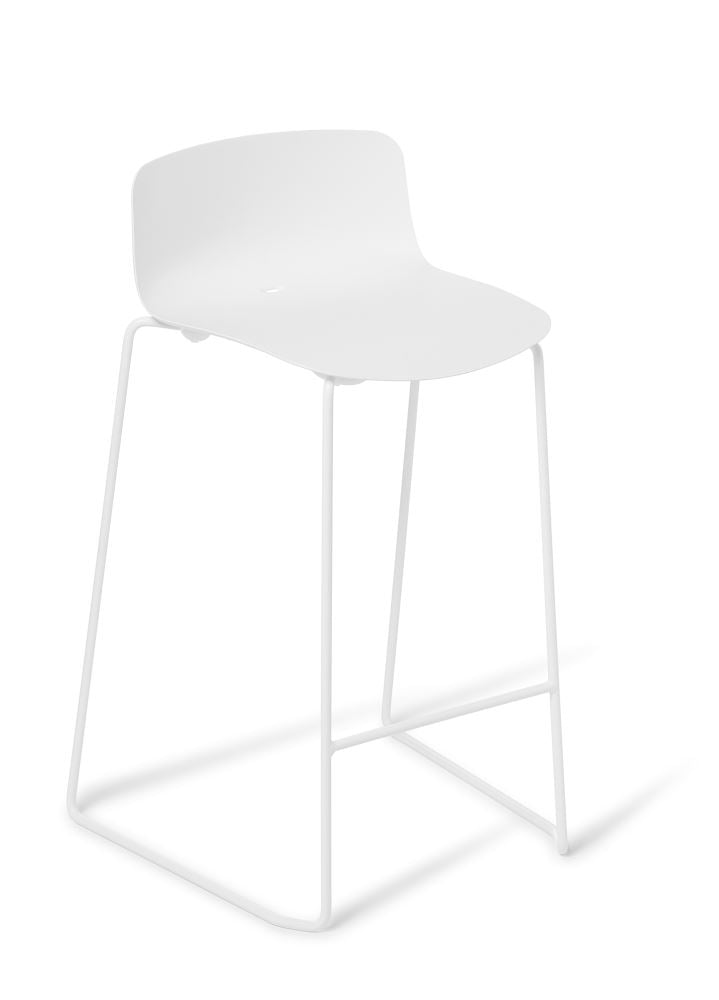 Modern white kitchen stool with sled frame, UV-stabilised polypropylene shell, stackable design for indoor and outdoor use.
