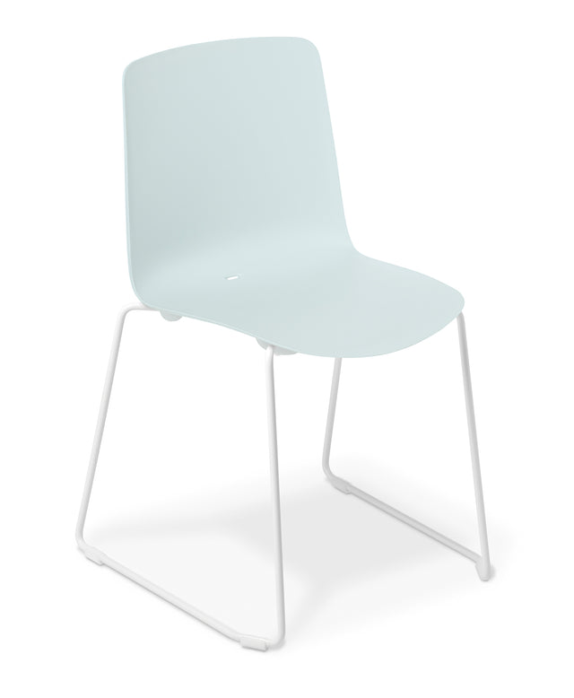 Light Blue Coco Sled Chair with modern design, durable seat, and sturdy sled frame, perfect for meetings or cafés.