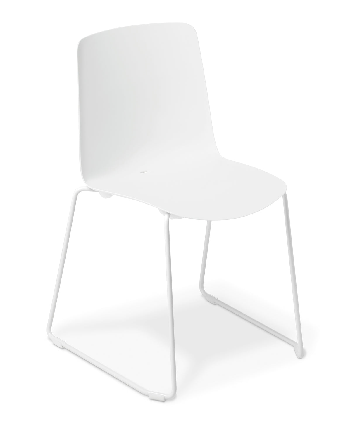 Modern white meeting chair with comfortable seat, durable polypropylene shell, and sled frame for stylish indoor/outdoor use.