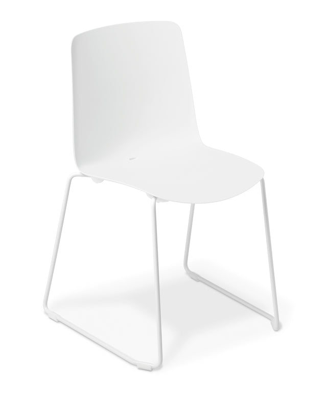 Modern white meeting chair with comfortable seat, durable polypropylene shell, and sled frame for stylish indoor/outdoor use.