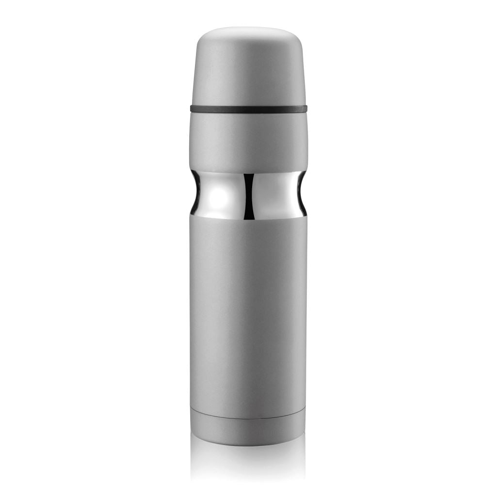 Stylish grey vacuum flask with chrome waist ring, offers 500ml capacity for hot or cold drinks, includes cup and gift box.