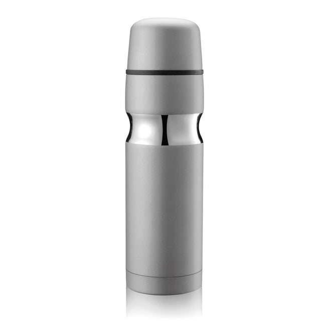 Stylish grey vacuum flask with chrome waist ring, offers 500ml capacity for hot or cold drinks, includes cup and gift box.