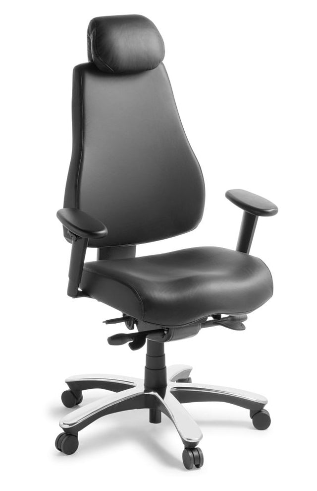 Ergonomic black leather office chair with high backrest, adjustable headrest, and polished aluminium base for ultimate support.