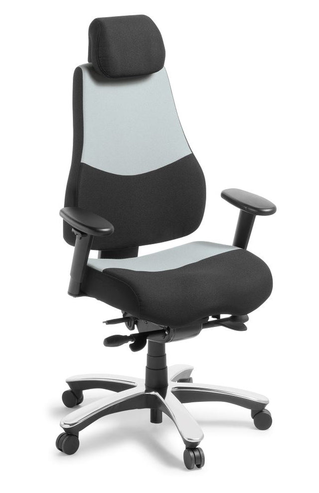 Ergonomic grey office chair with high backrest, adjustable headrest, and contoured seat for maximum comfort and support.