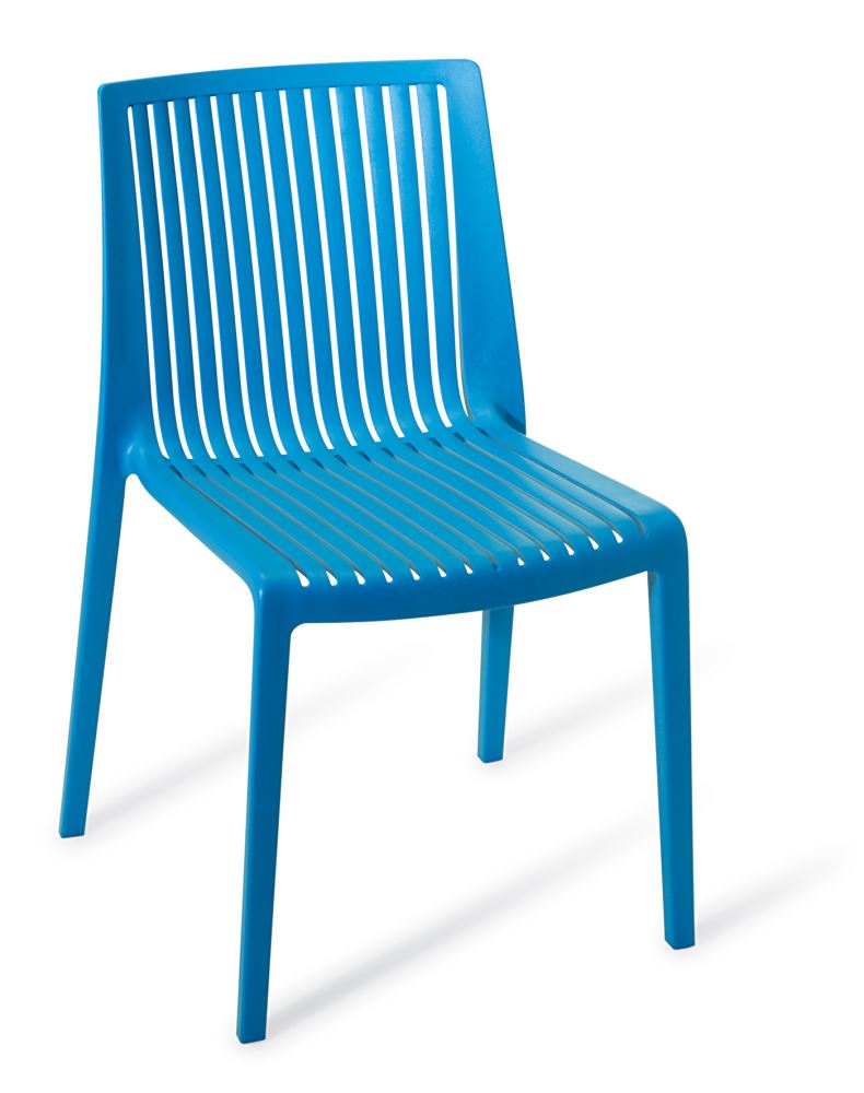 Stackable blue outdoor chair with sturdy polypropylene design, UV protection, and comfortable seating for indoor and outdoor use.
