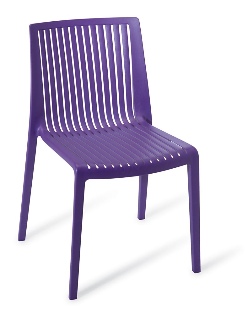 Vibrant purple stackable outdoors chair with sturdy structure, designed for comfort and style in indoor and outdoor spaces.