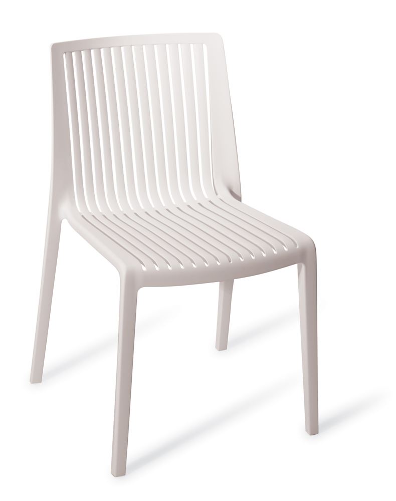 Stackable outdoor chair in sleek white, durable design with anti-UV stabilization, perfect for indoor and outdoor spaces.