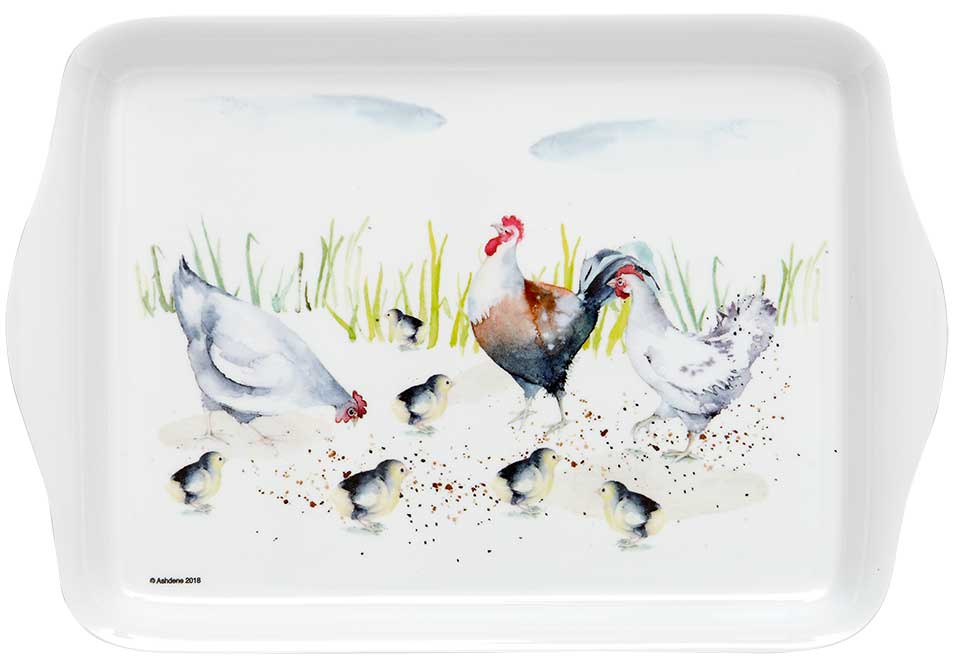 Charming set of 3 scatter trays featuring whimsical watercolour designs of chickens and roosters, perfect for serving or decor.