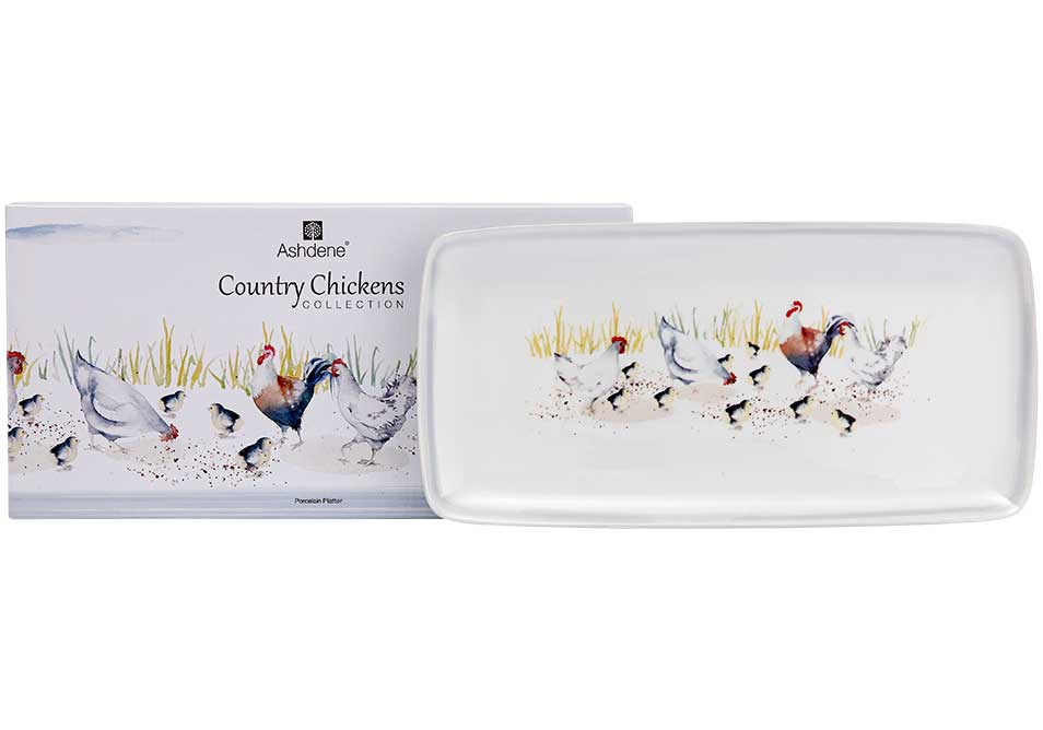 Set of 2 porcelain platters featuring vibrant watercolour chickens, roosters, and chicks by artist Karen Colenso.