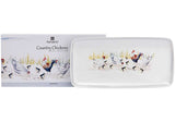 Set of 2 porcelain platters featuring vibrant watercolour chickens, roosters, and chicks by artist Karen Colenso.