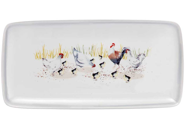Set of 2 porcelain platters featuring watercolour designs of chickens and roosters, perfect for rustic dining.