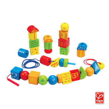 Colorful wooden stringing toy with 32 lacing blocks for creative play, enhancing dexterity and fine motor skills in children.