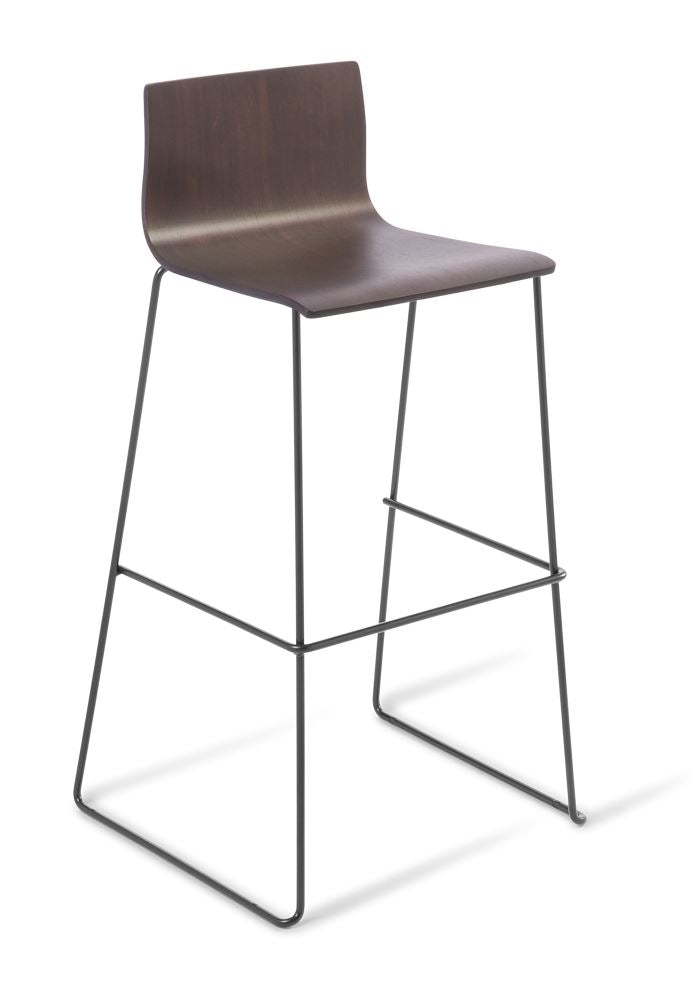 Stylish dark oak bar stool with a black sled frame, supportive seat, stackable design, perfect for any kitchen or bar.