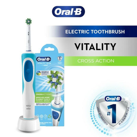 Electric toothbrush featuring CrossAction bristles, 2-minute timer, and eco-friendly packaging for superior plaque removal.