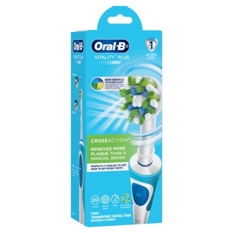 Electric toothbrush with angled bristles, 2-minute timer, and Eco-Box, removing up to 100% more plaque for healthier smiles.