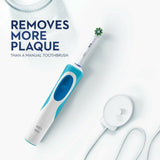 Electric toothbrush with CrossAction brush head, eco-friendly packaging, and features 2-minute timer for optimal cleaning.