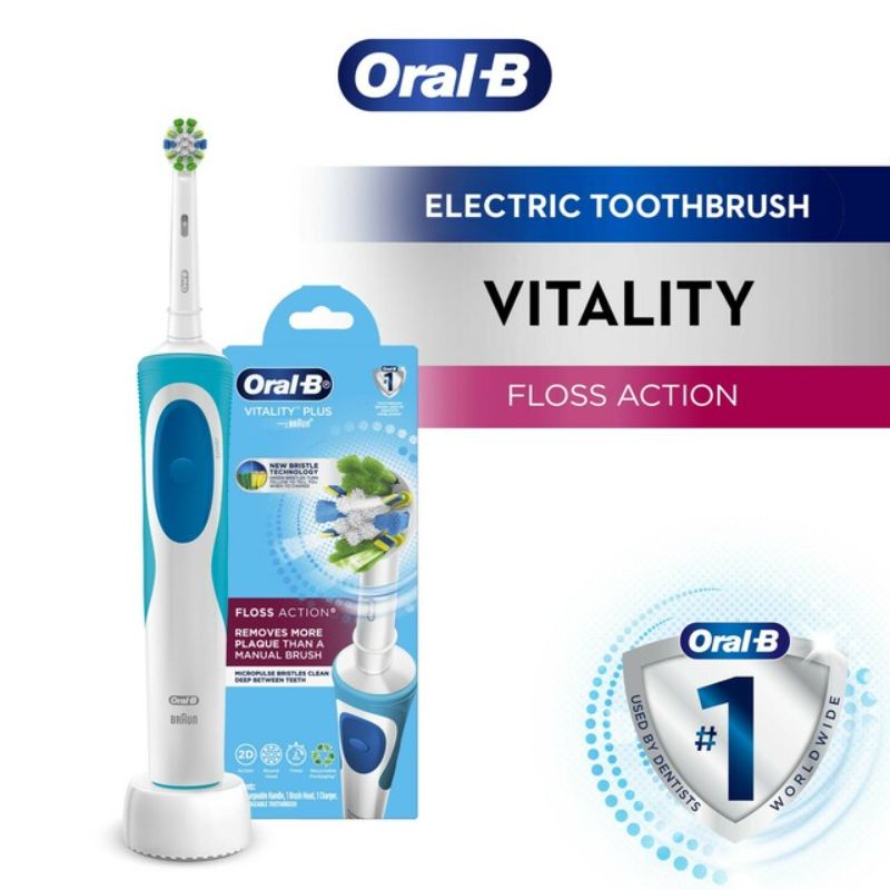 Oral-B Vitality FlossAction electric toothbrush with deep cleaning bristles, color-changing indicators, and 2-minute timer for optimal care.