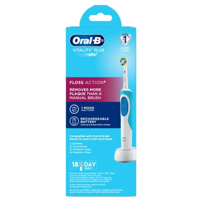 Electric toothbrush with FlossAction head, features color-changing bristles and 2-minute timer for superior dental care.