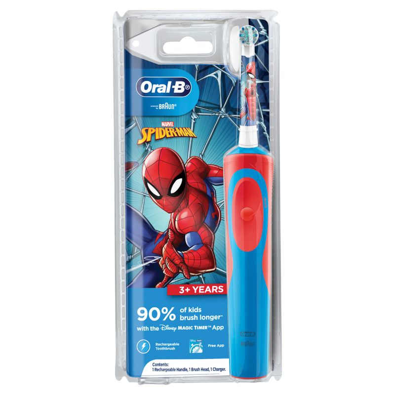 Electric toothbrush for kids featuring Spiderman design, EXTRA SOFT bristles, and Magic Timer App for fun brushing.