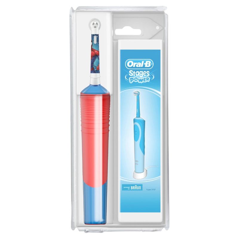 Electric toothbrush for kids aged 3+, features Spiderman design, EXTRA SOFT bristles, and Disney Magic Timer App for fun brushing.