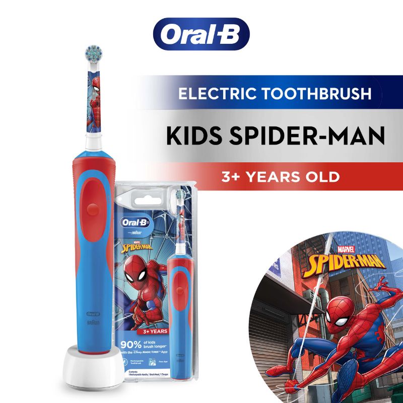 Electric toothbrush for kids aged 3+, featuring Spiderman design, soft bristles, and app for fun brushing routine.