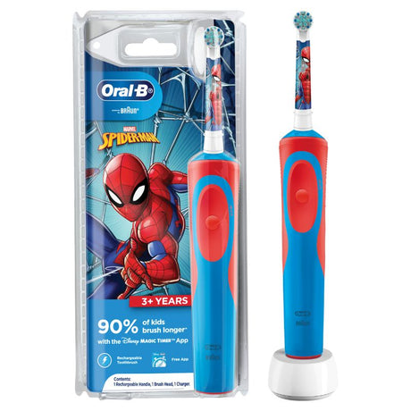 Electric toothbrush for kids 3+, featuring Spiderman design, soft bristles, and a fun timer app for better dental care.