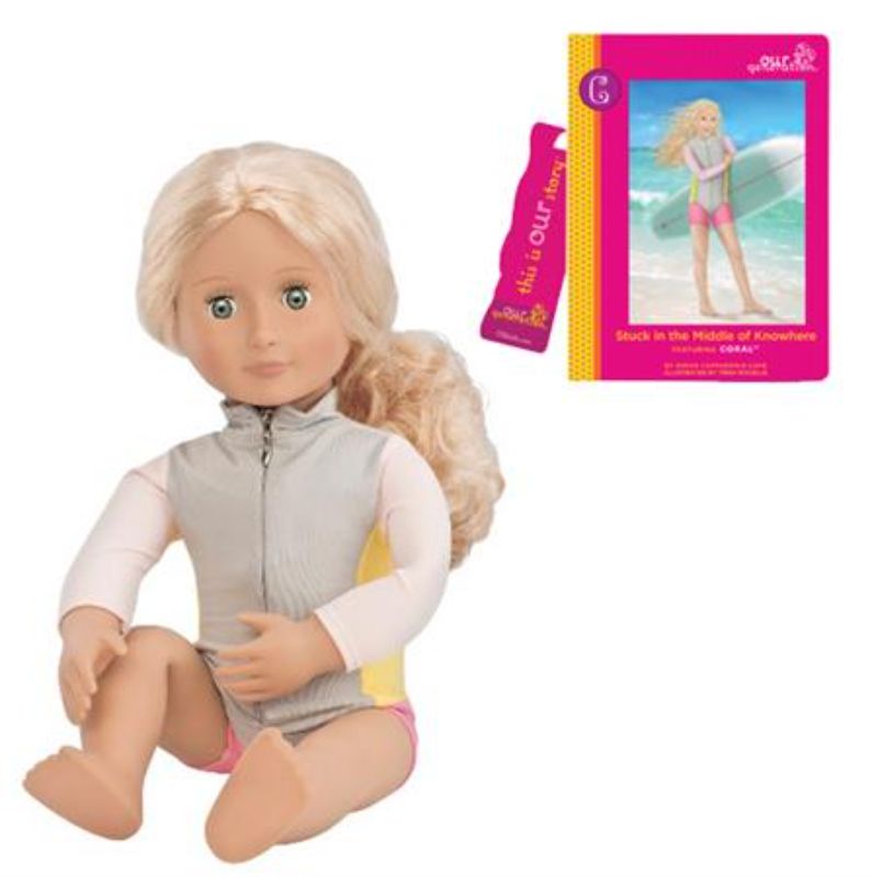 Poseable 18" Our Generation Doll Coral in surf suit with accessories, perfect for imaginative beach adventures.