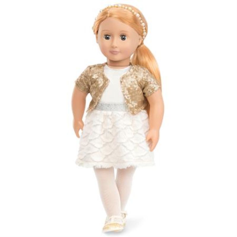 18-inch Holiday Hope doll in winter outfit with sequin jacket, faux fur dress, and stylish headband, perfect for imaginative play.