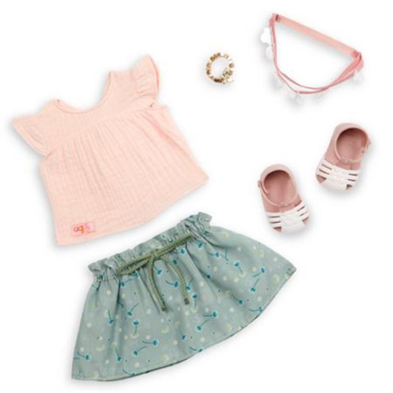 Colorful butterfly-themed outfit for 18-inch dolls, featuring a cap-sleeve top, dandelion skirt, and jelly sandals.