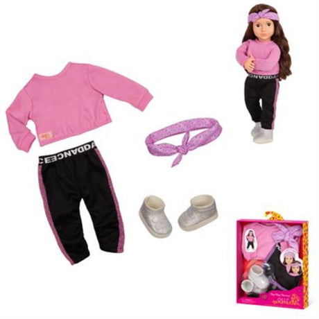 Colorful hip hop outfit for 18-inch dolls featuring a bandana, stylish top, cool pants, and trendy shoes.