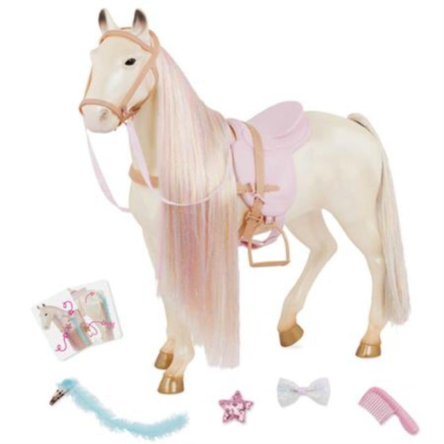 Vibrant 20" fantasy unicorn accessory set with rainbow mane and hair clips for 46cm dolls, encouraging imaginative play.