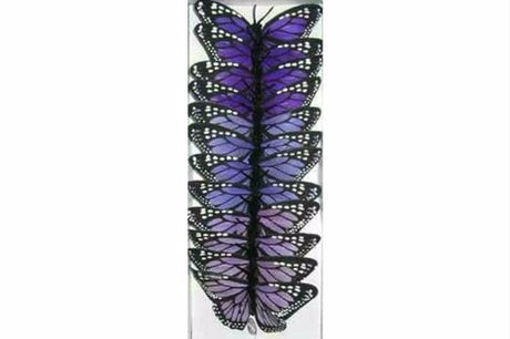 Pack of 12 vibrant lavender artificial butterflies, 9cm each, featuring bendable wire bodies for versatile decor and crafts.