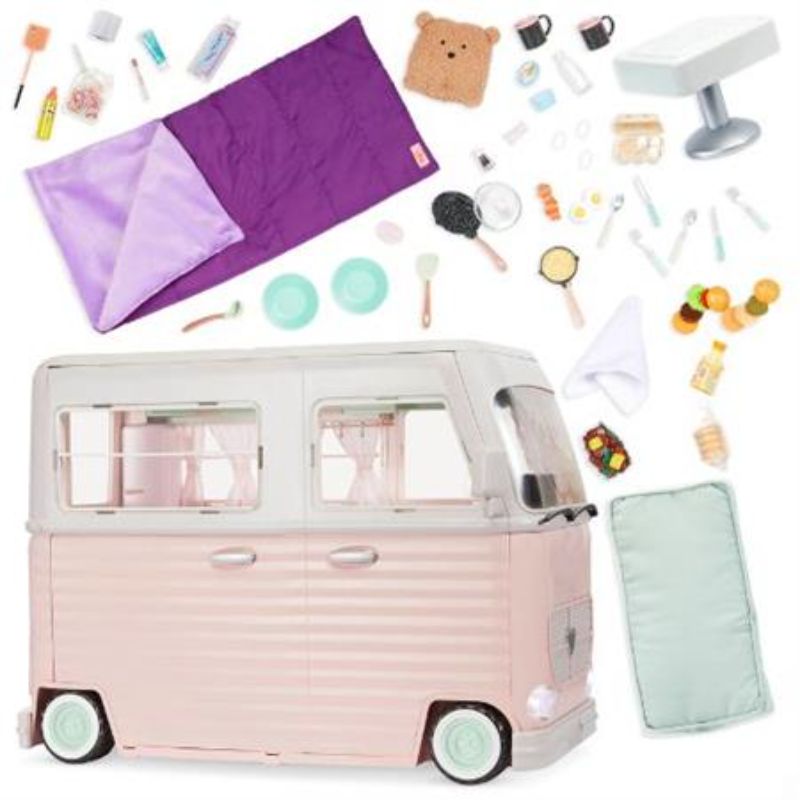 A colorful RV camper set for 18-inch dolls, featuring interactive accessories and a fully stocked kitchen for imaginative play.