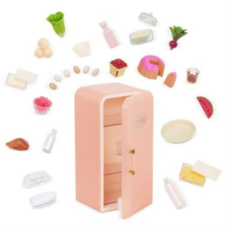 Mini fridge with over 20 vibrant food accessories for 18-inch dolls, featuring removable shelves and cute storage compartments.