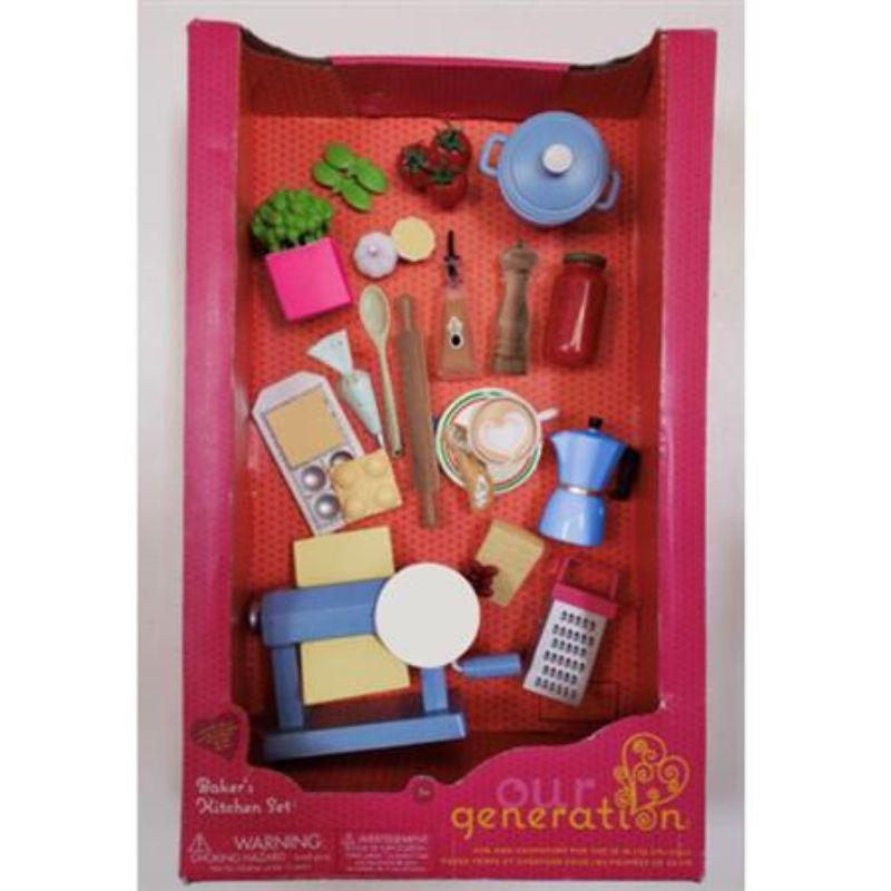 Italian Food Set for dolls featuring realistic food items and a cookbook for creative culinary play.