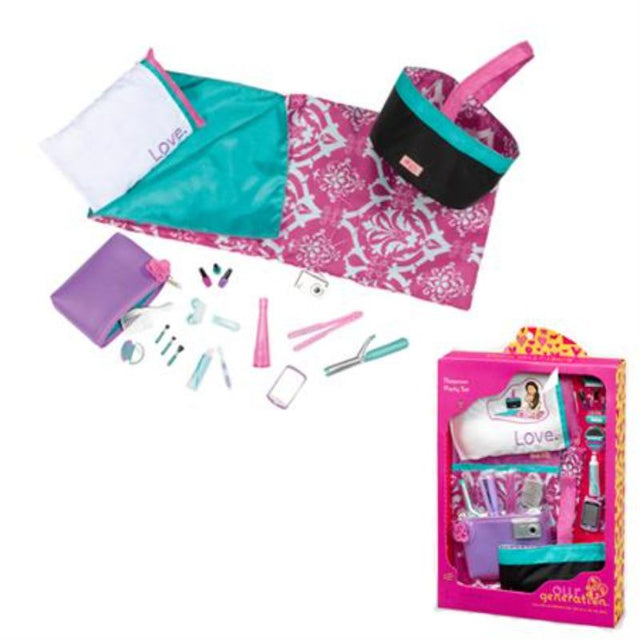 Colorful Our Generation Sleepover Party accessory set with sleeping bag, pillow, cosmetics, and fun gadgets for imaginative play.