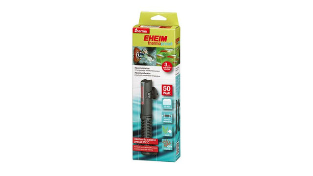 Aquarium thermometer and heater combo, Eheim Thermopreset 50, ensures optimal temperature control for tanks up to 60L.