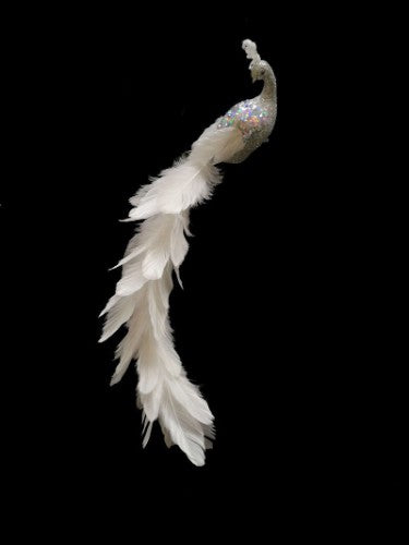 Exquisite silver Long Tailed Peacock ornament, 56cm, showcasing elegance with intricate detailing and stunning long tail.