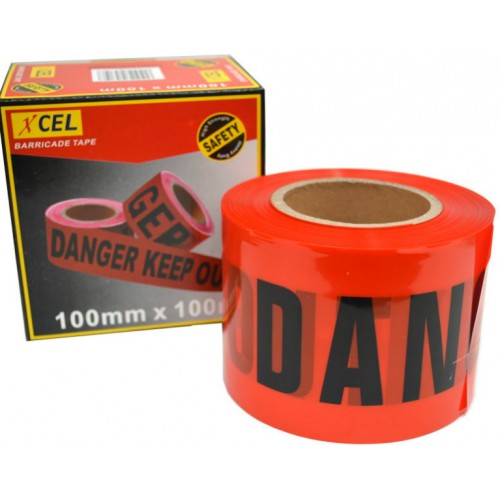 High-visibility red "Danger Keep Out" barrier tape, 100mm x 100m, ideal for marking hazardous areas safely.