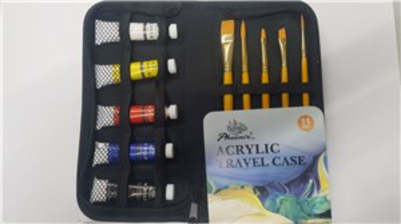 Vibrant Phoenix Acrylic Travel Set featuring 5 paints and 5 brushes in a stylish, compact case for artists on-the-go.