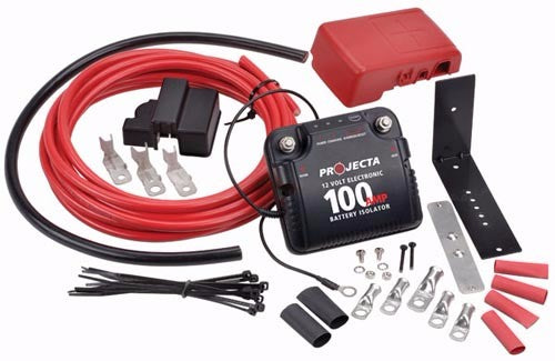 PROJECTA Isolator 100A Dual Battery Kit for mid-sized vehicles, featuring surge protection and 75A charging for reliable power.