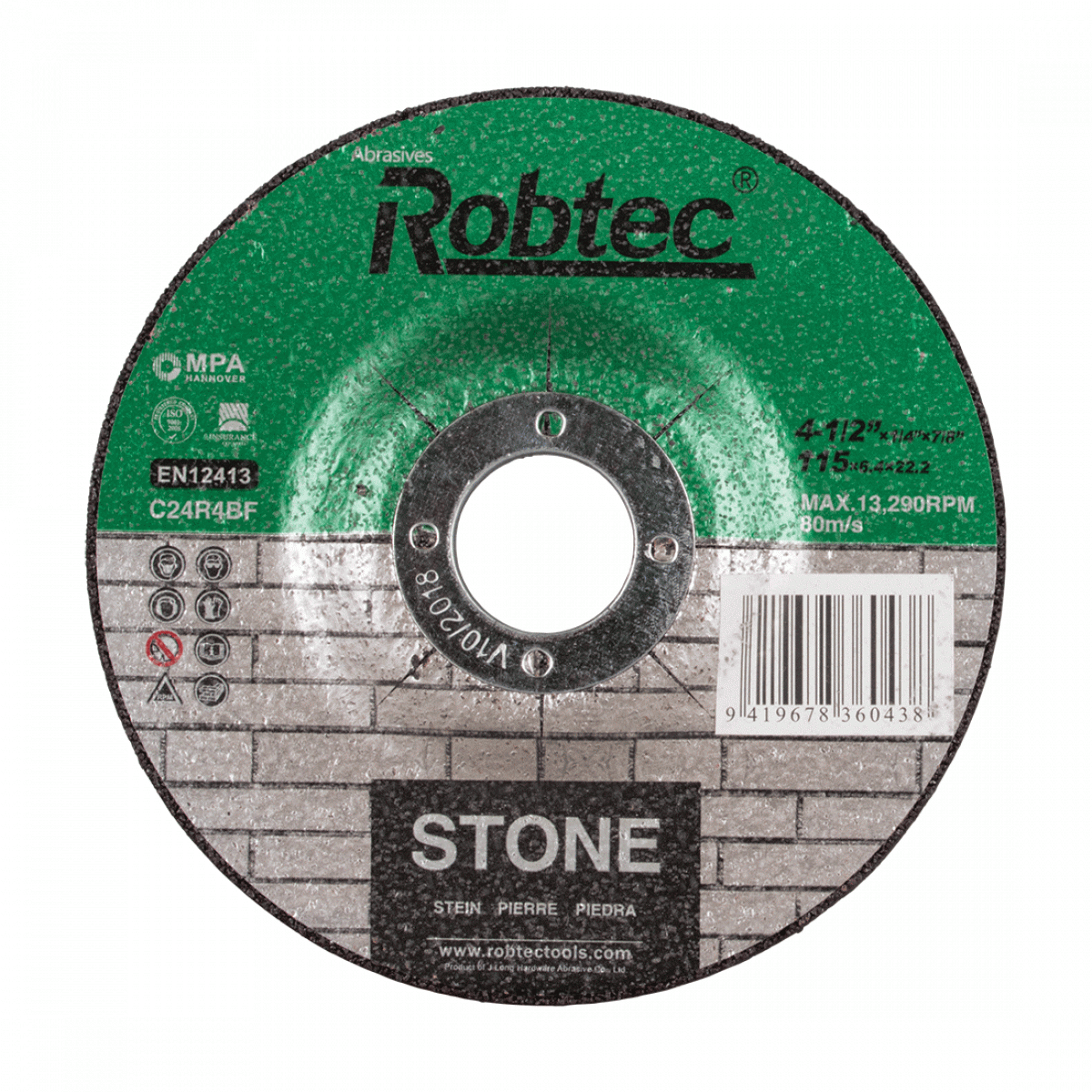 ROBOTEC Masonry Cut Off Wheel 115x3x22mm, designed for precision cutting of brick, concrete, and stone with durability.