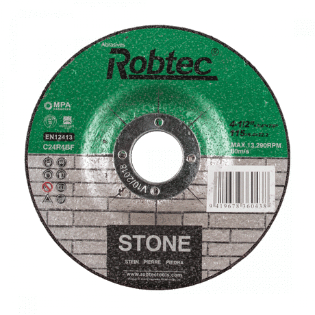 ROBOTEC Masonry Cut Off Wheel 115x3x22mm, designed for precision cutting of brick, concrete, and stone with durability.