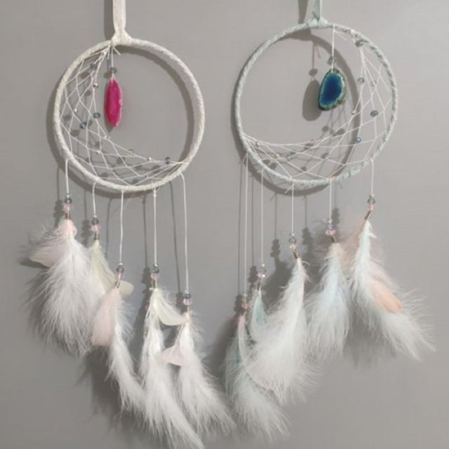 Set of 6 unique white dreamcatchers featuring sickle moon and agate charm, perfect for home decor and positive energy.