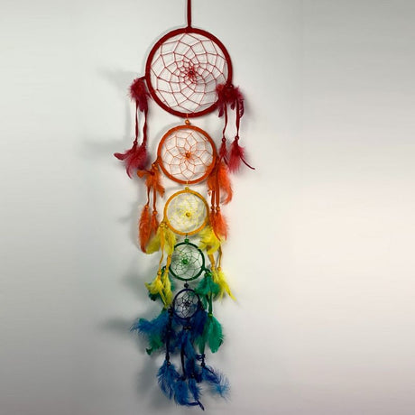 Colorful 5-hoop dreamcatcher, 17 cm, adorned with vibrant threads and feathers, perfect for bohemian decor and positive vibes.